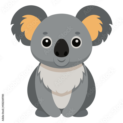 A cute cartoon koala with gray fur, large round ears with orange inner parts, big black eyes, and a cream-colored belly.