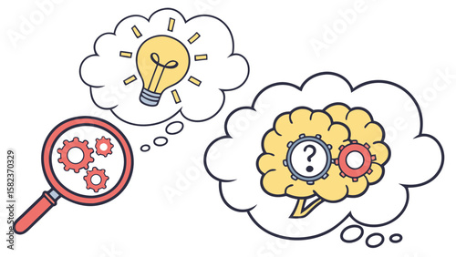 Illustration of a magnifying glass examining gears, a lightbulb, and a brain with gears and question