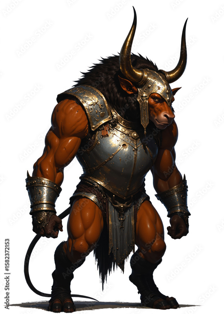 Fototapeta premium Muscular Minotaur Gladiator with Golden Horned Armor – Mythical Beast Warrior with Bare Legs and Bull Features, Strong Fantasy Combatant Standing on White Background, Battle-Ready Pose
