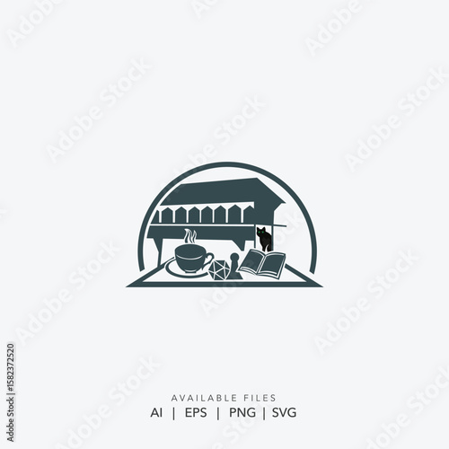 Cozy Coffee Shop and Bookstore Logo, Charming Tea House and Library Cafe Logo, Creative Intellectual Hub Logo