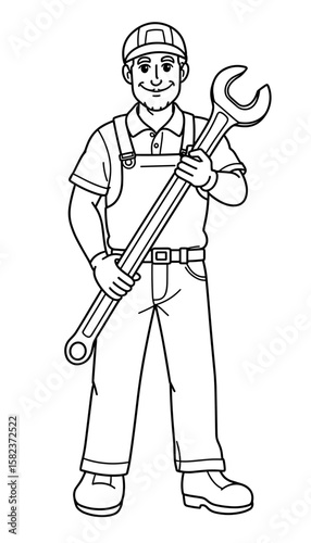 Smiling mechanic holding large wrench for coloring page  