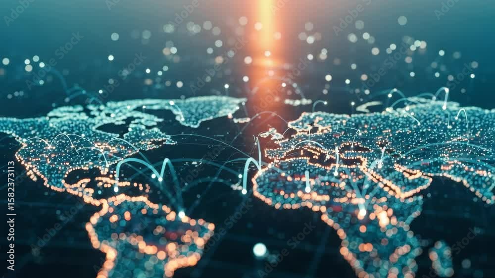 glowing digital map of the world shows interconnected light trails ...