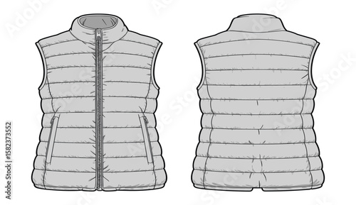 Stylish Puffer Vest CAD Drawing, Flat Vector Illustration, Front and Back View, Sleeveless Winter Garment Design, Fashion Technical Sketch