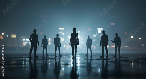 Silhouette figures of a team leader and her group against city lights at night