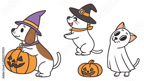 Cartoon halloween scene featuring dogs and cats in costumes with pumpkins and a ghost, festive and playful