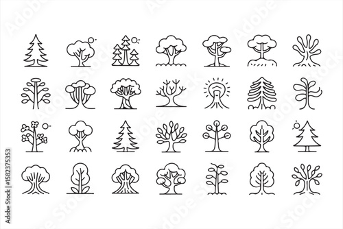 Minimalist Tree Icons Representing Seasonal and Ecological Themes