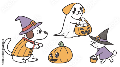 Cartoon halloween scene featuring dogs and a cat in costumes with pumpkins and trick or treat baskets