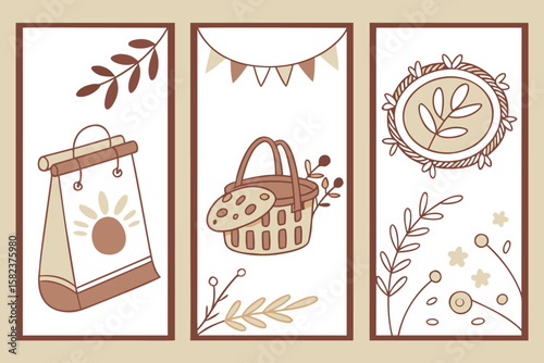 Three framed illustrations depicting a sun design bag, a picnic basket, and a floral wreath arrangement