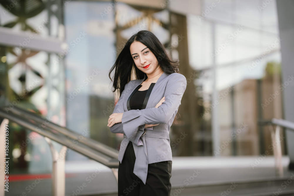 Fototapeta premium A confident woman in a gray blazer stands tall in an urban setting, showcasing elegance, strength, and ambition through her professional style, beauty, and empowered presence.