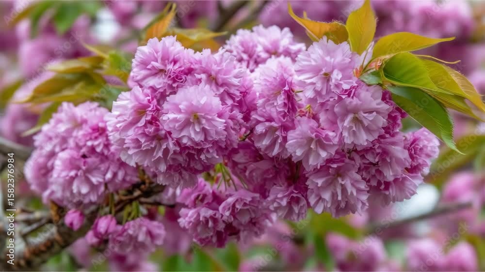 Cluster of pink blossoms with layered petals yellowgreen leaves Cluster of pink blossoms with layered petals yellowgreen leaves