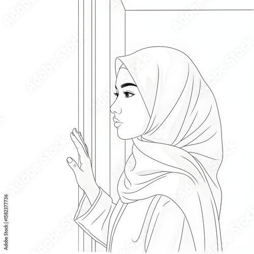"Muslim Girl Looking Through the Window – Thoughtful Mood"

