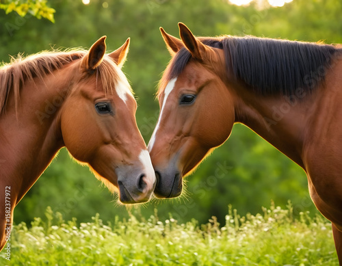 Portrait of two beautiful horses touching noses, lovely, on a natural green farm background, showing animal behavior in the forest at sunlight. horse in the field.