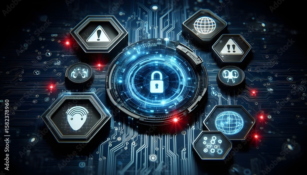 Fototapeta premium Cybersecurity threat alert with digital warning icons and AI symbols on a futuristic tech background concept for data protection and risk management. 3D Rendering