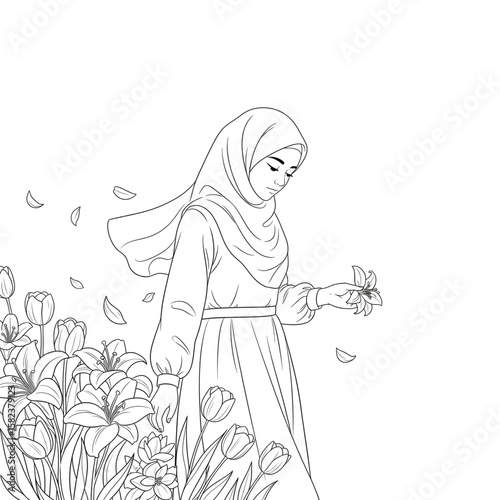 "Muslim Girl Picking Flowers in Garden – Peaceful Nature Moment"
