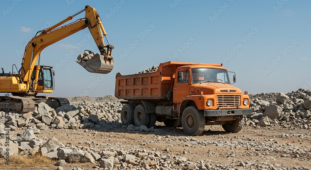 Obraz premium Excavator Loading Dump Truck in Quarry