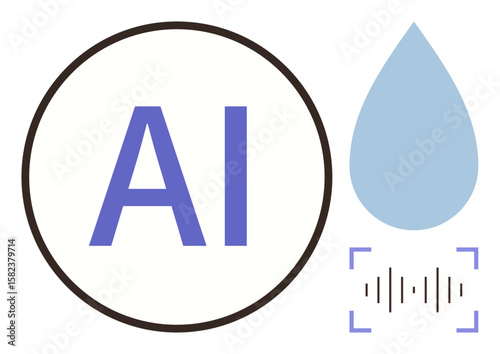 AI text inside a circle, blue droplet shape, and soundwave visuals linked by design. Ideal for technology, data processing, innovation, AI, machine learning recognition and science themes. Simple