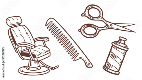 A vintage barber shop scene featuring a chair, comb, scissors, and a shaving cream can in line art style