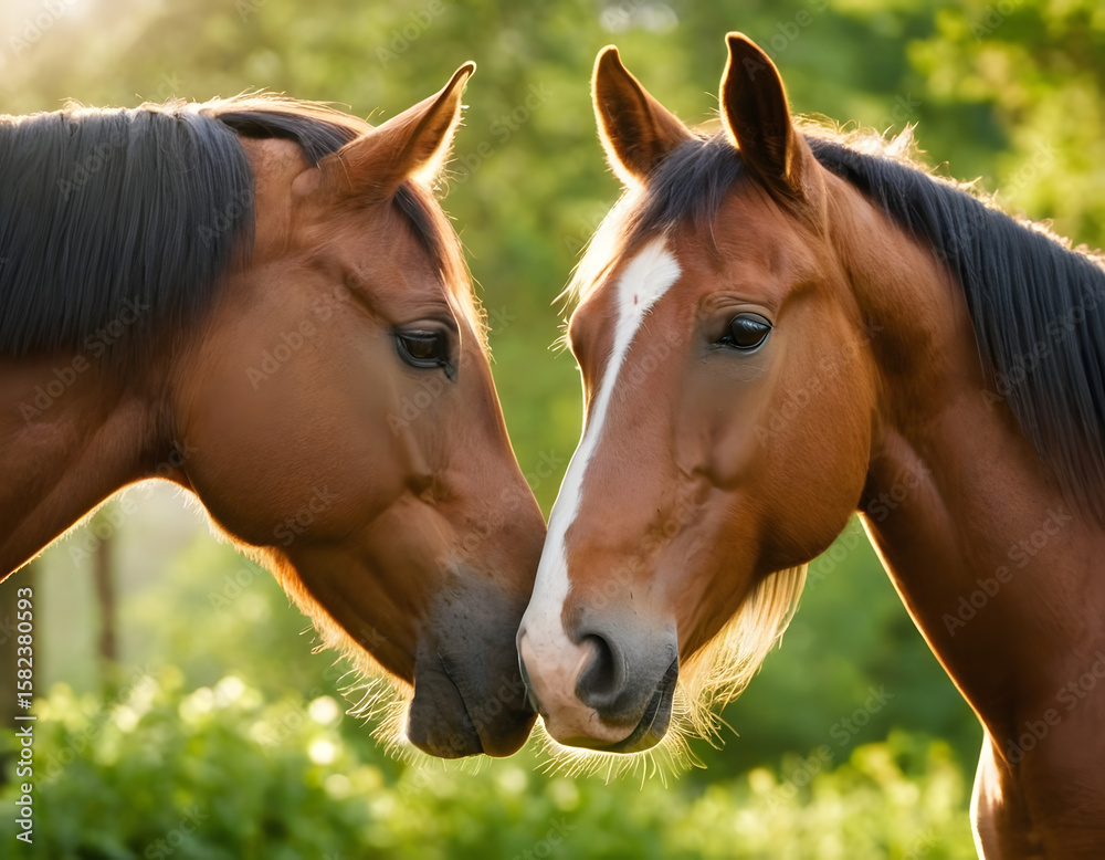 Fototapeta premium Portrait of two beautiful horses touching noses, lovely, on a natural green farm background, showing animal behavior in the forest at sunlight. portrait of a horse.