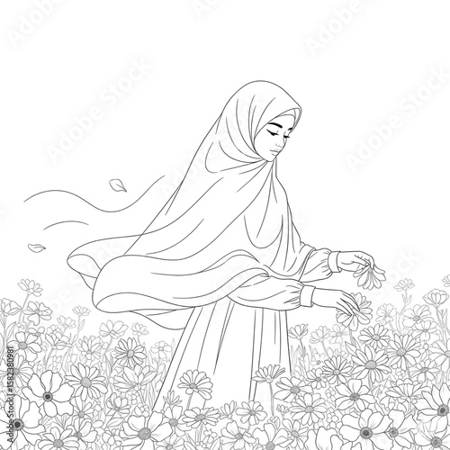 "Muslim Girl Picking Flowers in Garden – Peaceful Nature Moment"
