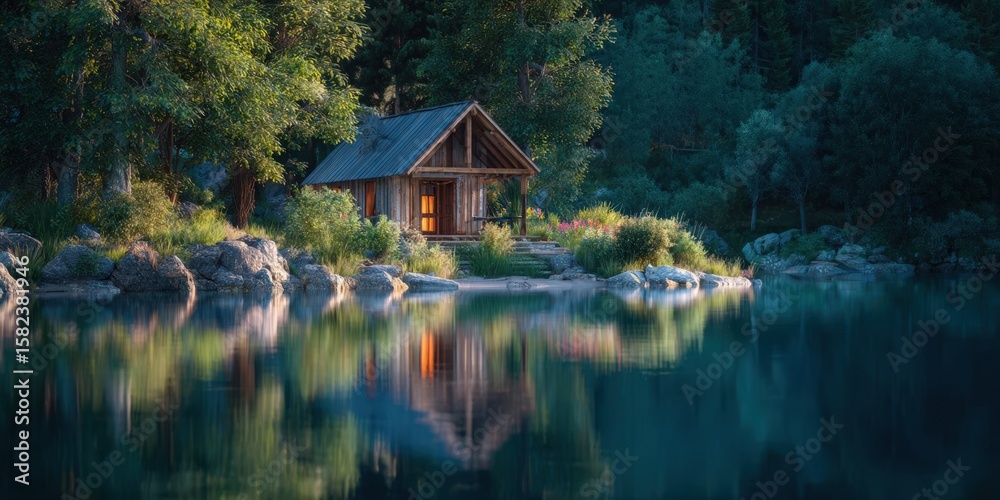Fototapeta premium Serene Digital Wallpaper of Small Lakeside Cabin Amidst Nature