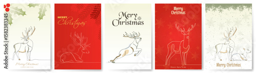 Merry Christmas and happy new year greeting cards design, reindeer Continuous one line drawing, set of Christmas background, marketing material, party invitation card, new year background