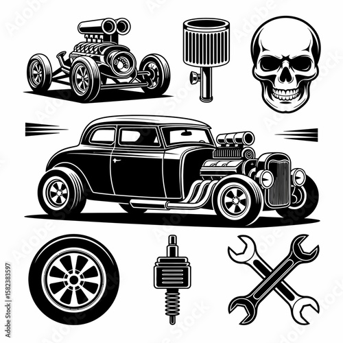 Black and white illustration featuring a hot rod car, engine parts, a skull, and crossed wrenches, all in a vintage, graphic style.