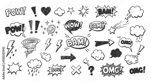 A set of handdrawn comic speech bubbles and effects showcases dynamic expressions like pow, bam, and wow, along with stars, clouds, and arrows