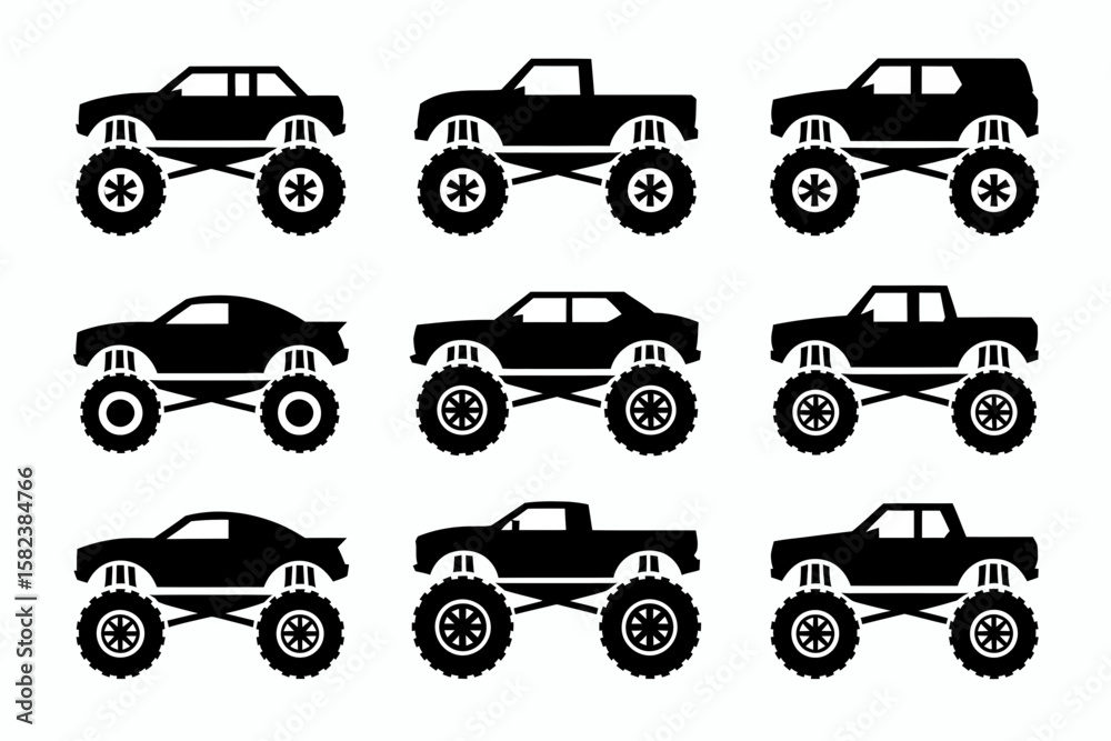Fototapeta premium Nine black silhouette illustrations of monster trucks with oversized tires, showcasing various car and truck body styles.