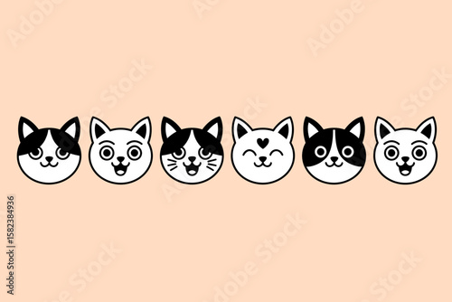 Six cartoon cat faces in a row, some black and white patterned, some plain white, all with different expressions, against a peach background.