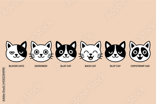 Six cartoon cat faces with different expressions and black and white markings on a beige background.