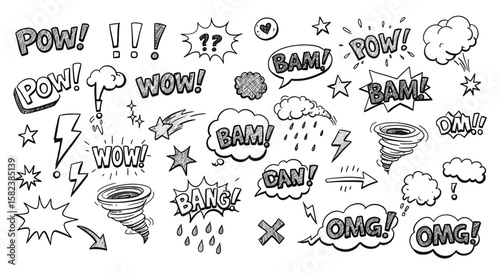 A set of handdrawn comic speech bubbles and effects showcases dynamic expressions like pow, bam, and wow, along with stars, clouds, and arrows