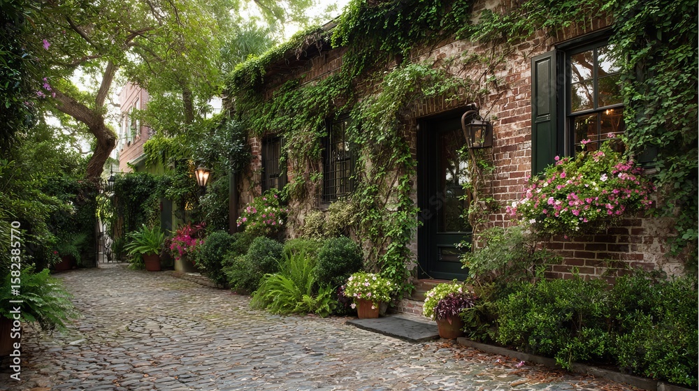 Charming pathway lined with lush greenery and vibrant flowers beside a rustic brick building. Charming pathway lined with lush greenery and vibrant flowers beside a rustic brick building.