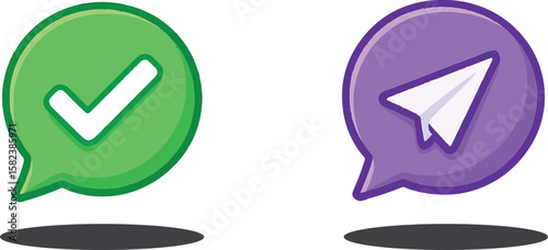 Digital Dialogue: Two vibrant icons represent a confirmation message and a sent message in a streamlined design. The icons show digital interaction and effortless communication.