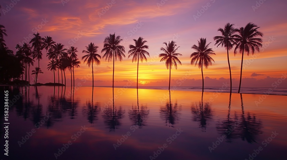 Obraz premium Exotic ocean sunset with calm palm silhouettes.
