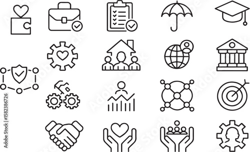 Collection of black and white line art icons representing various concepts and ideas