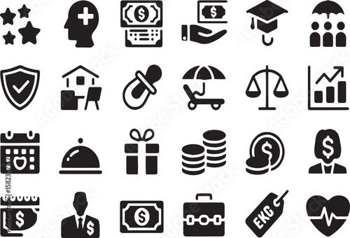 Collection of various black and white icons representing finance and well being
