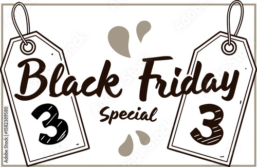 Illustration of black friday special sale with price tags and decorative drops in a rectangular frame art