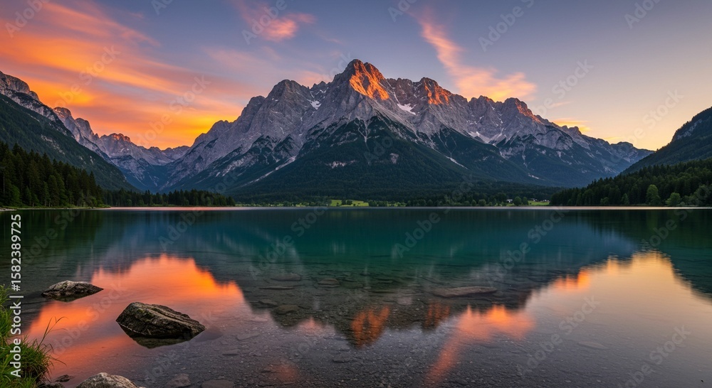 Fototapeta premium Majestic mountain lake sunset reflection