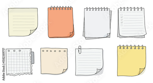 A set of handdrawn notepad illustrations features various paper styles, including lined, blank, and grid, with spiral bindings and curled corners