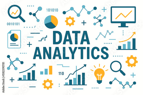 Data analytics concept with charts, graphs, and statistical icons  