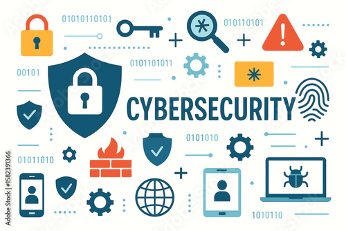Cybersecurity symbols and icons with locks, alerts, and technology elements  