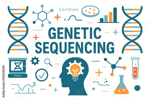Genetic sequencing illustration with icons and scientific elements  