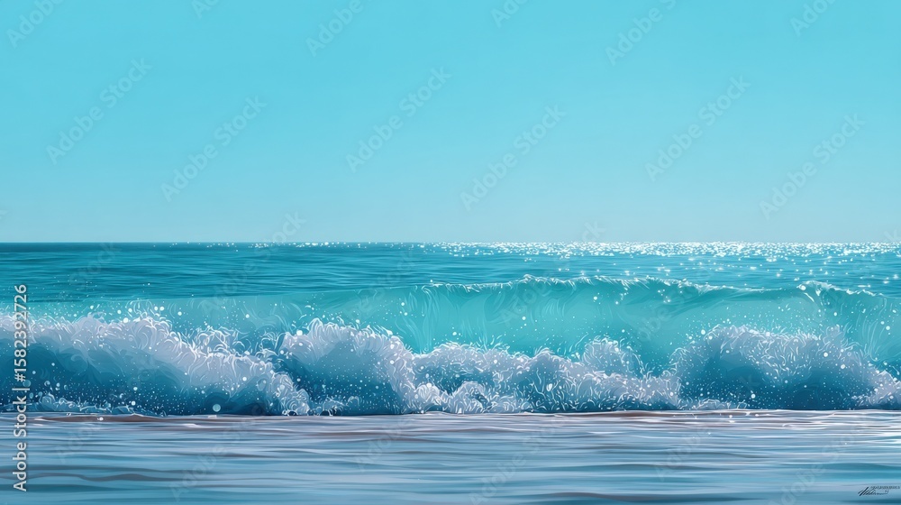 Fototapeta premium Beautiful seascape with clear turquoise water gentle waves crashing onto sandy shore under bright blue sky du daytime