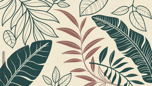 Elegant hand-drawn botanical illustration featuring various green and burgundy leaves against a soft beige background.