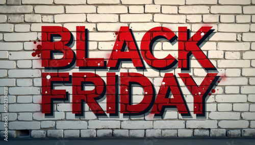 Bold Black Friday text painted on a brick wall with a distressed red finish 
