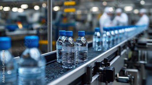 Bottled Water Production Line with Clear Plastic Bottles on Conveyor Belt in Industrial Facility