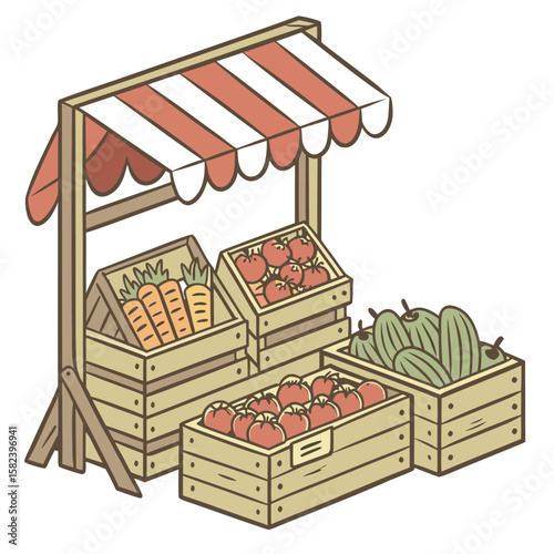 Illustration of a farmer's market stand with crates of carrots tomatoes and cucumbers under a striped awning