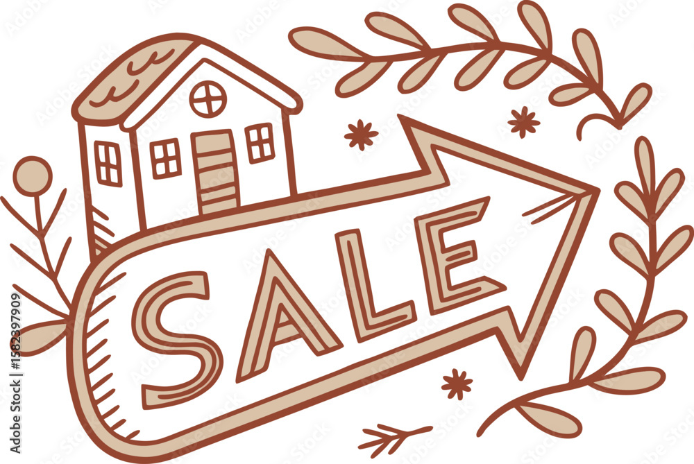 Fototapeta premium Illustration of a house with windows and door next to a sale arrow sign surrounded by floral decorations