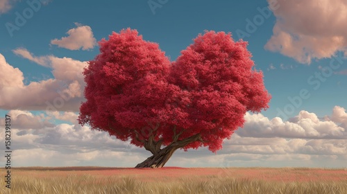 Vibrant Heart Tree under Blue Sky: Nature Illustration of Life, Love, and Hope Background
