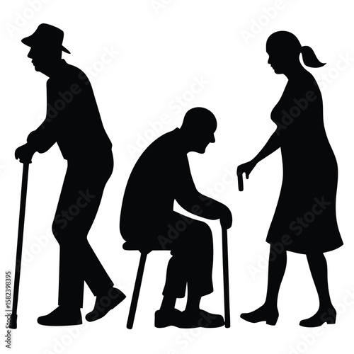 Silhouettes of a man and woman standing together with people around them vector illustration